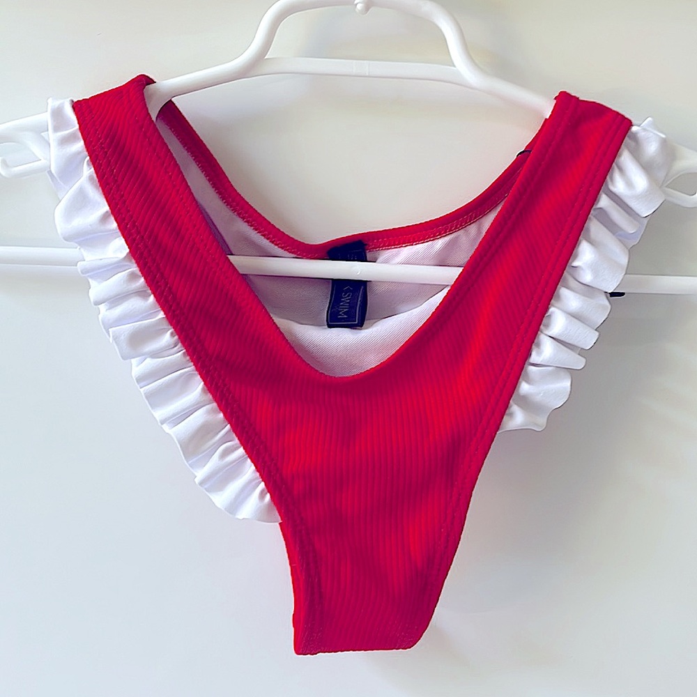 Red white ruffle deep V cut bikini bottom high back extra low front sexy XS